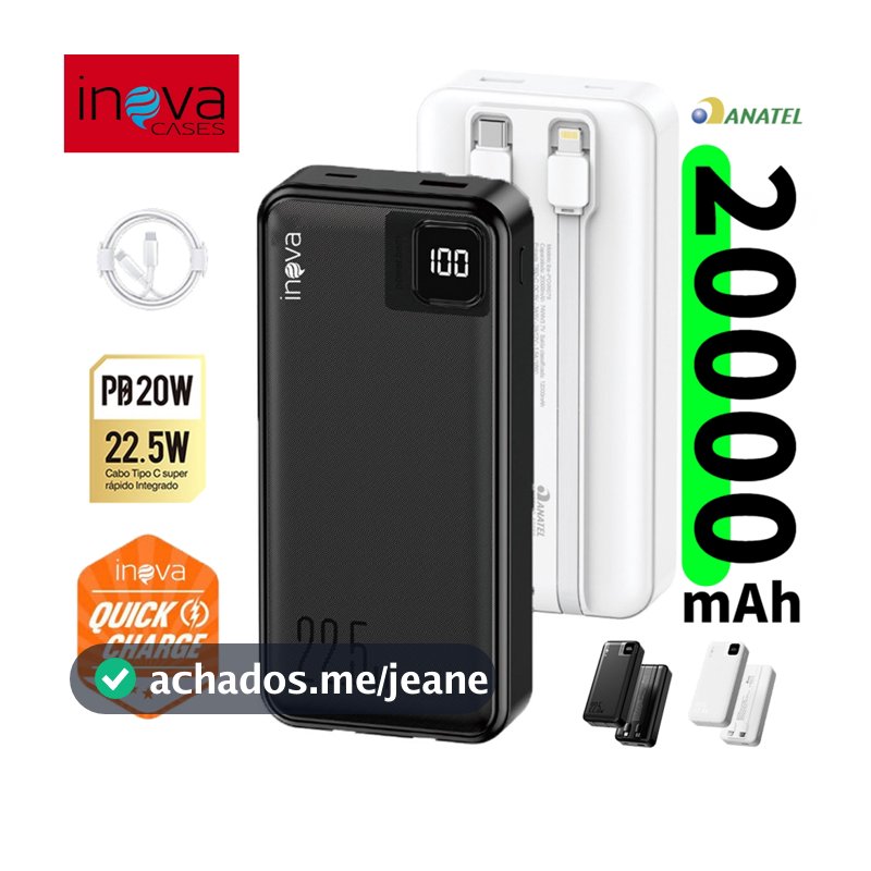 Inova Carregador Portátil Power Bank Grande 20000mah/10000mAh Turbo 22.5W PD Rápido Com Display Portátil