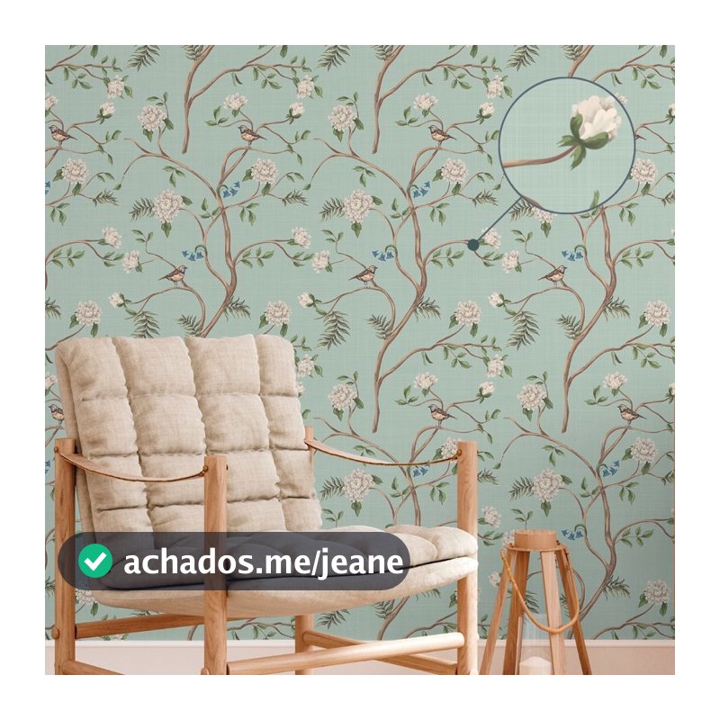 Papel de Parede Flores e Passáros Verde Adesivo Autocolante Lavável