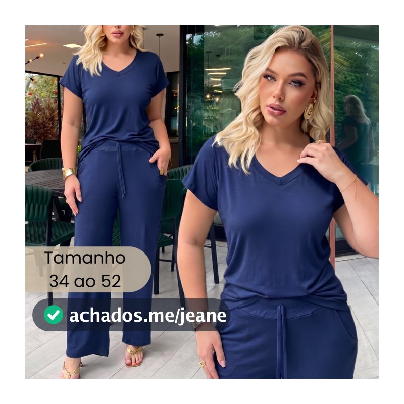 Conjunto Feminino Calça Pantalona Blusa Gola V Viscolycra Premium