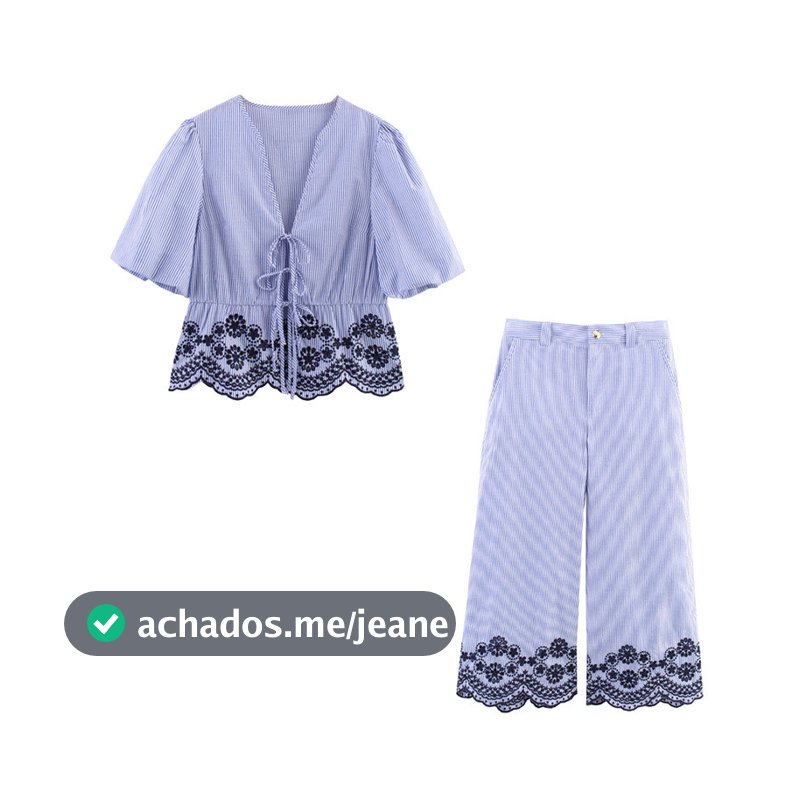 Feminino Listrado 2 Peças Roupa Com Decote Em V Gravata Frontal Manga Bufante Top Renda Guarnição Perna Larga Calças Cor