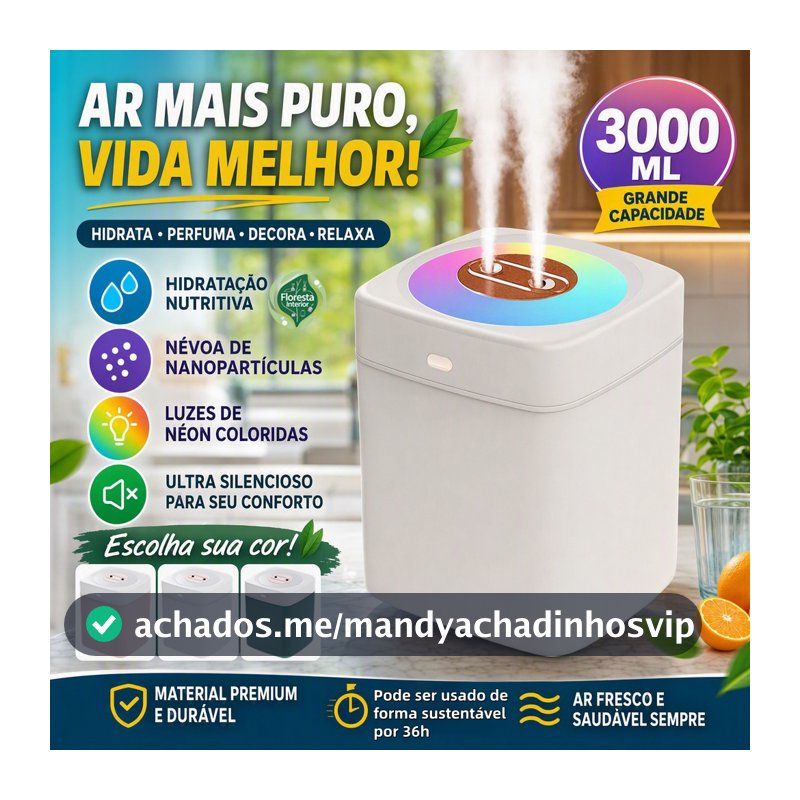 Umidificador Grande 3 Litros Saída Dupla Luzes LED's Coloridas Silencioso Aromatizador 3000ML