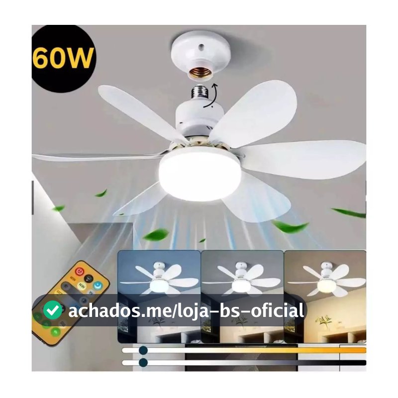 Ventilador de Teto com Lâmpada LED E27 6 Pétalas 60W 3 Velocidades Controle Remoto