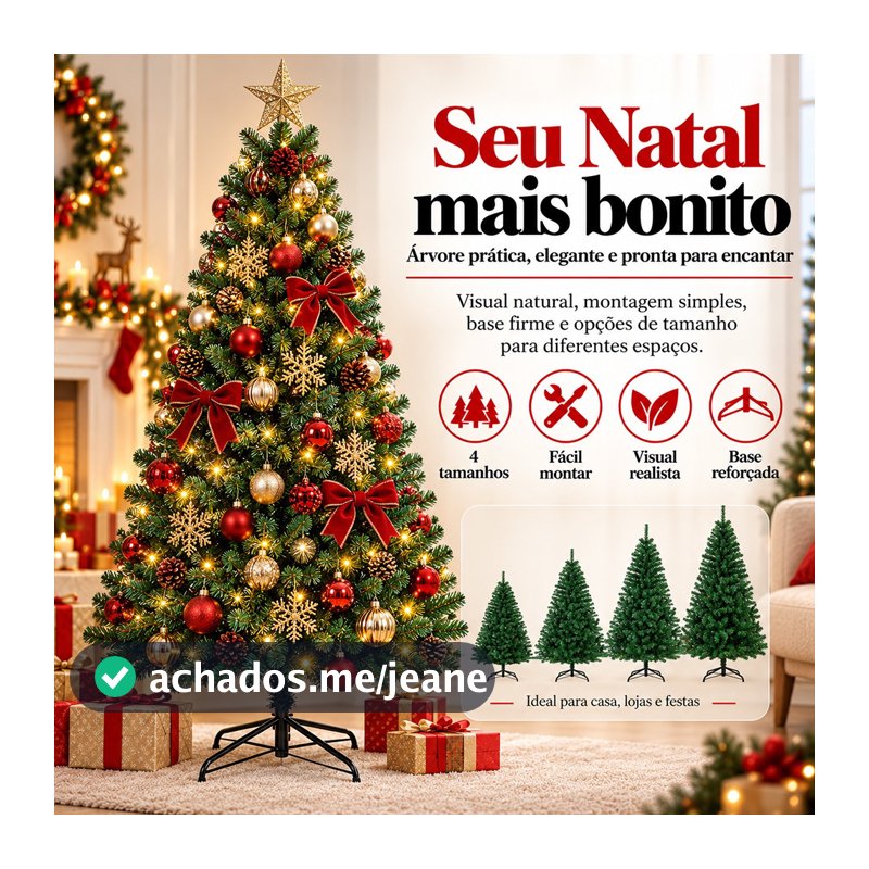 Árvore de Natal Pinheiro Verde 150cm 180cm 210cm Galhos Pinheiro Verde Cheia com Base Metálica Reforçada