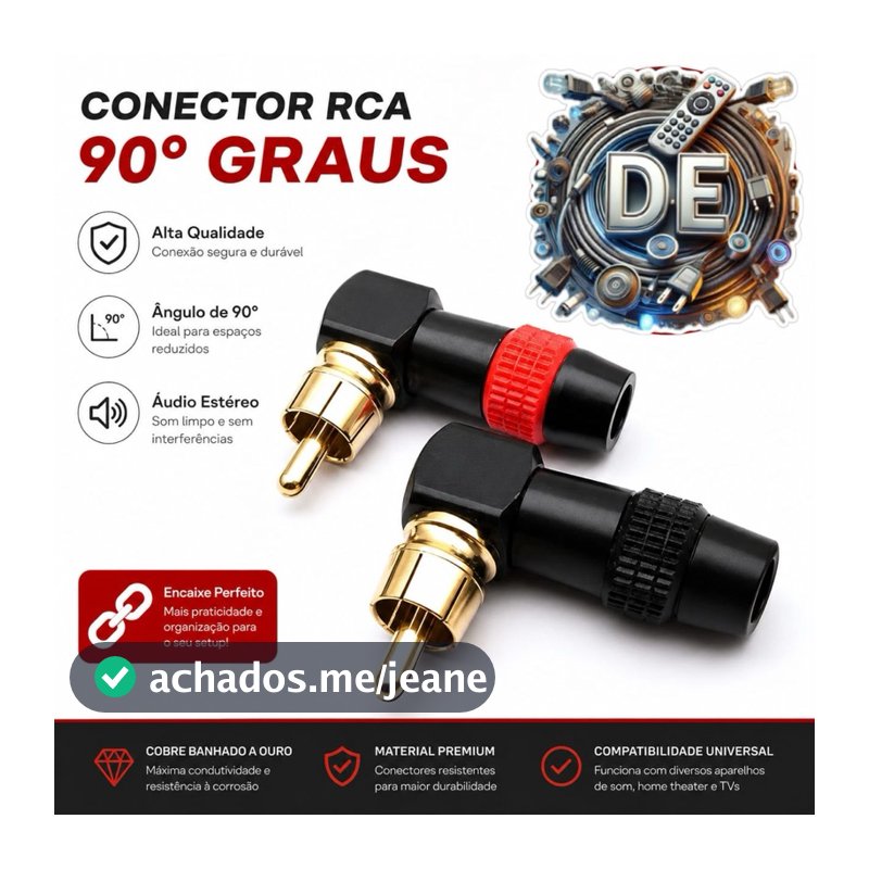 kit 2  Conector RCA Macho 90 Graus Dourado para Solda Áudio Vídeo Vermelho Preto