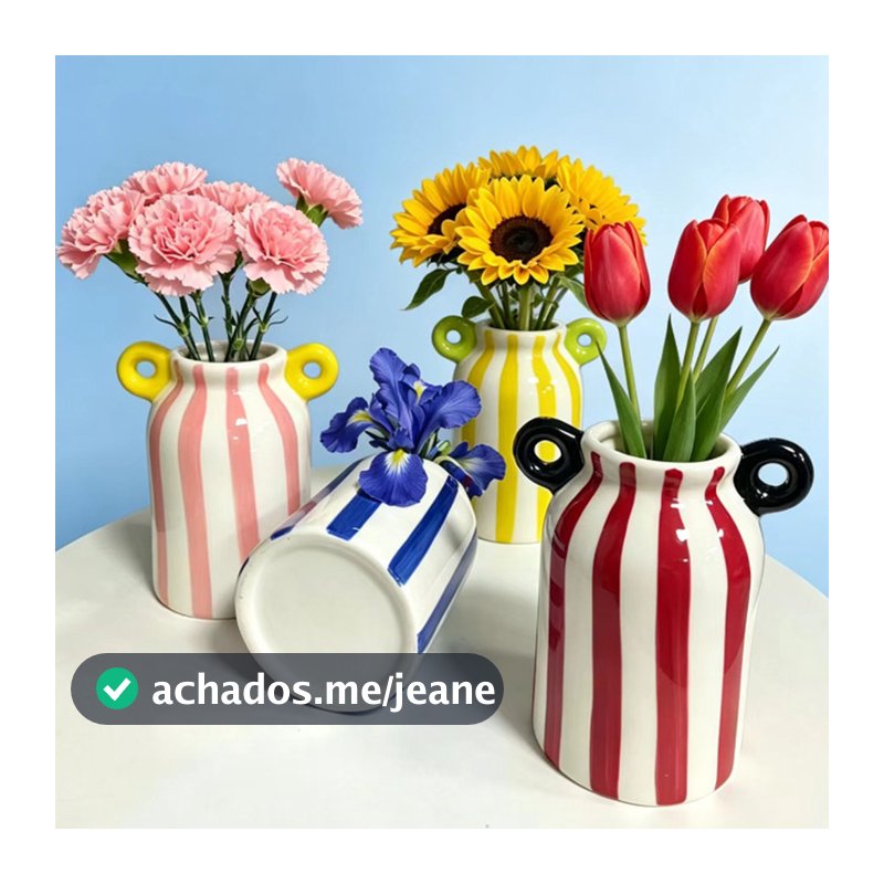 [SKI] Vaso De Flores Listrado De Cerâmica Com Alças Duplas , Pequeno Decorativo Pintado À Mão Para , Grama De Pampas , B
