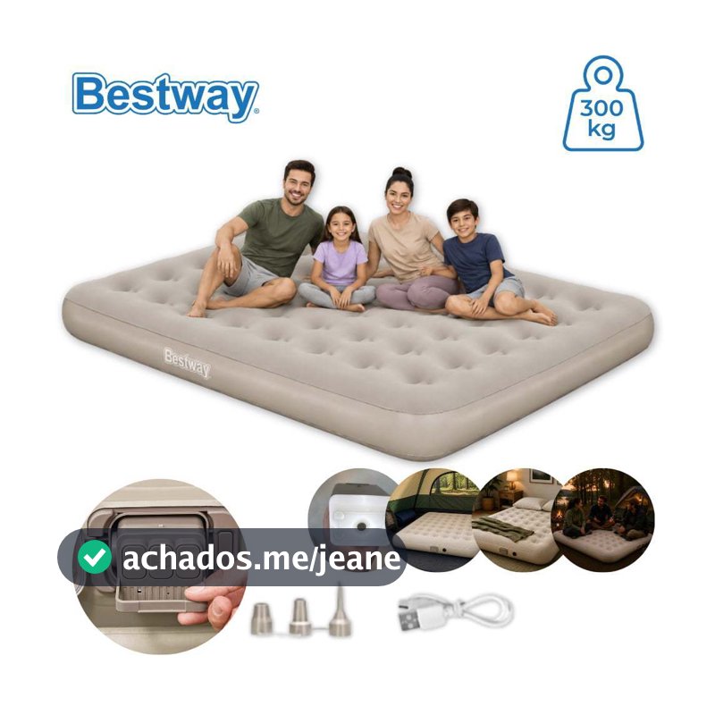 Colchão Inflável Casal Queen Bomba Recarregável Elétrica Lítio USB + Lanterna 3 Níveis Para Camping e Casa Bestway