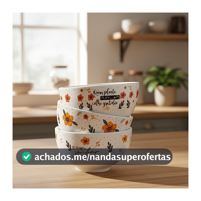 03 Cumbucas Porcelana Decoração Capri Decorada 440 ml Grande Floral Sopas Caldos Kit