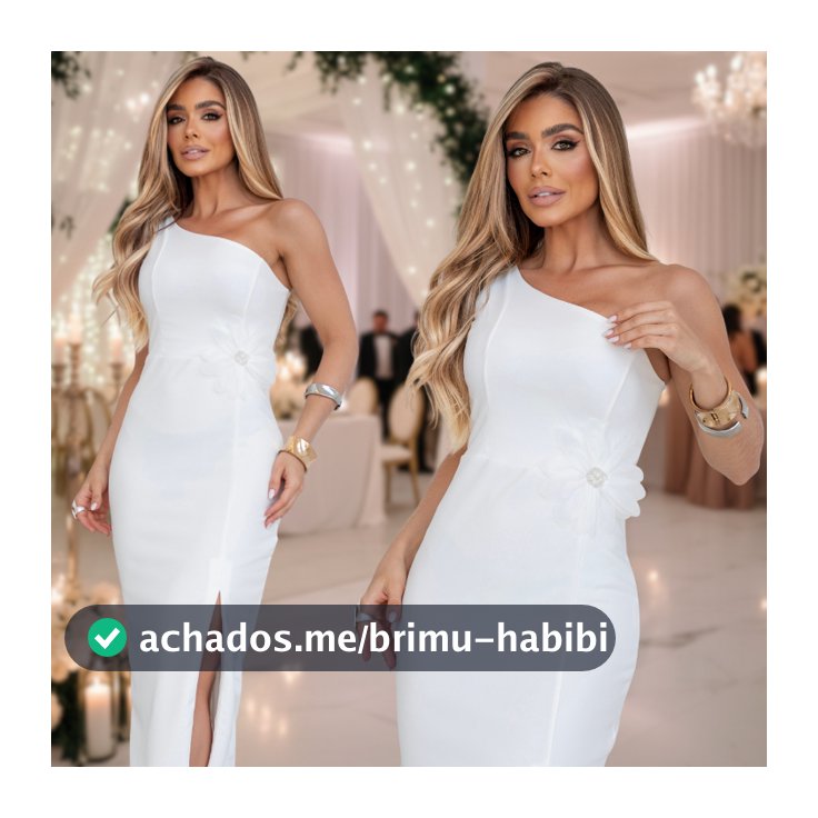 Vestido Midi Um Ombro Só com Fenda e Flor Destacável Elegante Neocrepe Off-White Casual Chic