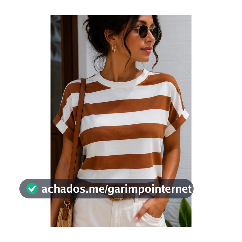 Blusa Listrada Feminina Manga Dobrada Listra Grossa Tshirts Básica Despojada e Casual Tendência
