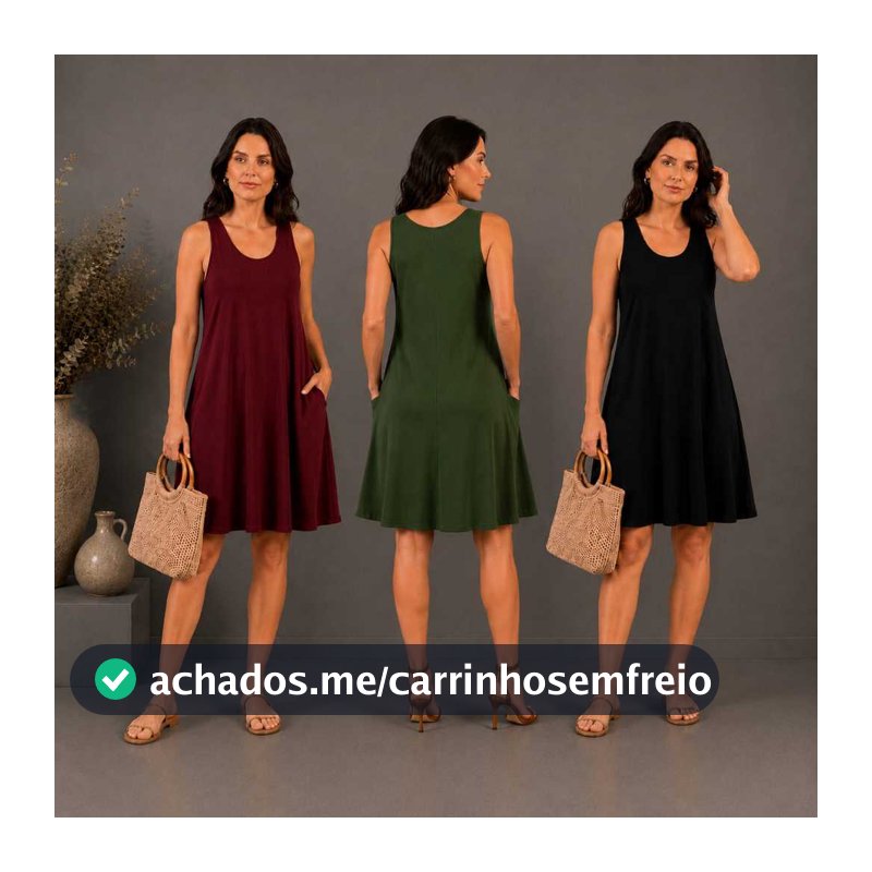 Vestido Feminino Regata Liso Com Bolso Soltinho Duna Moda Casual