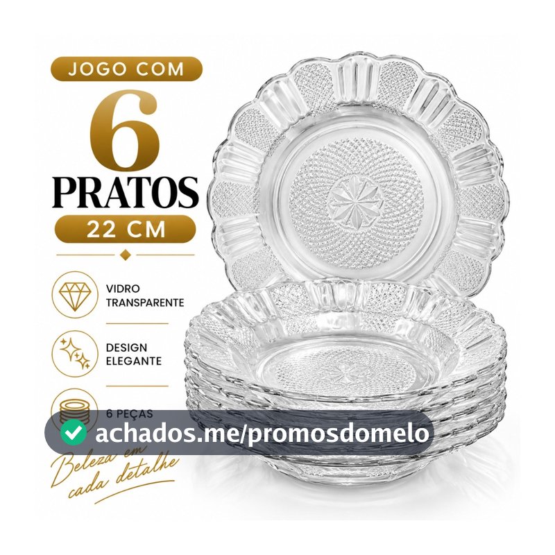 Jogo de 6 Pratos egípcios Fundos de Vidro 22cm Transparente com Relevo para Sopa Massa Caldo