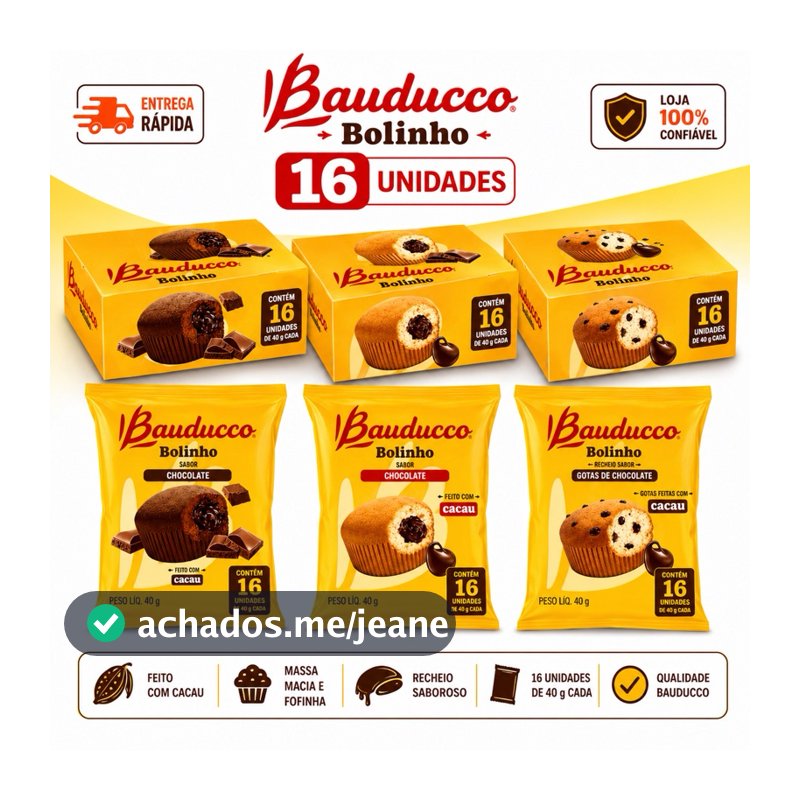Kit 16 Bauducco Bolinho 40g Baunilha chocolate I Chocolate Duplo I Gotas de Chocolate
