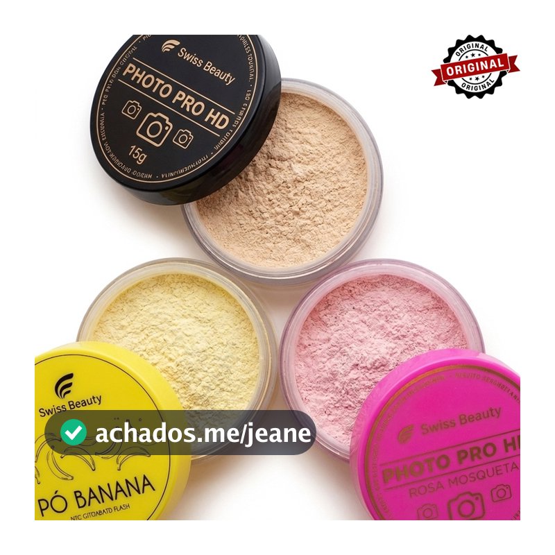 Combo Pó Facial Solto Banana, Translúcido HD e Rosa Mosqueta SWISS BEAUTY Pó finalizador