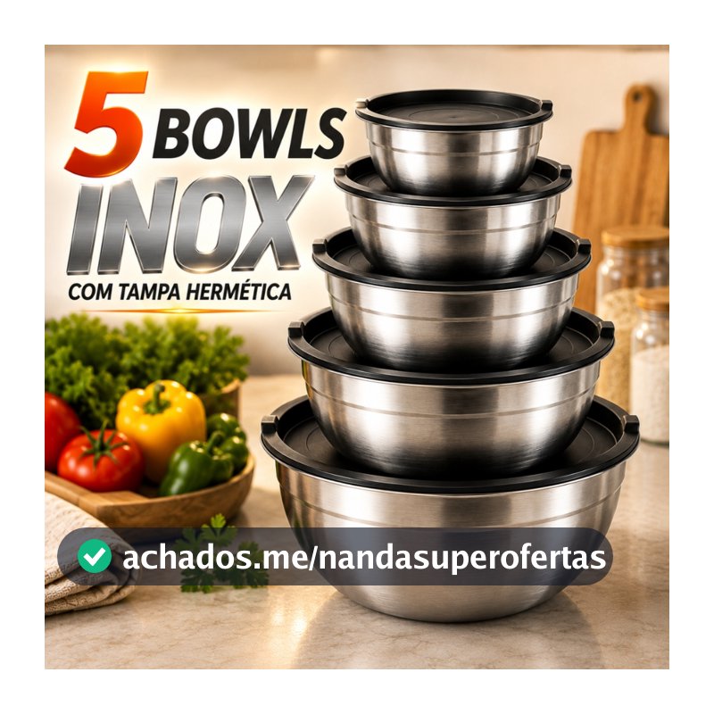 Bowl Inox com Tampa Tigela Saladeira Pote Aço Inox Empilhável Cozinha Kit 3 ou 5 Peças Pratitudo