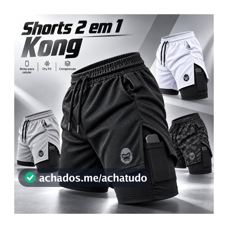 Shorts Masculino 2 em 1 Dry Fit Academia Corrida Bermuda de Compressão com Bolso Celular Kong