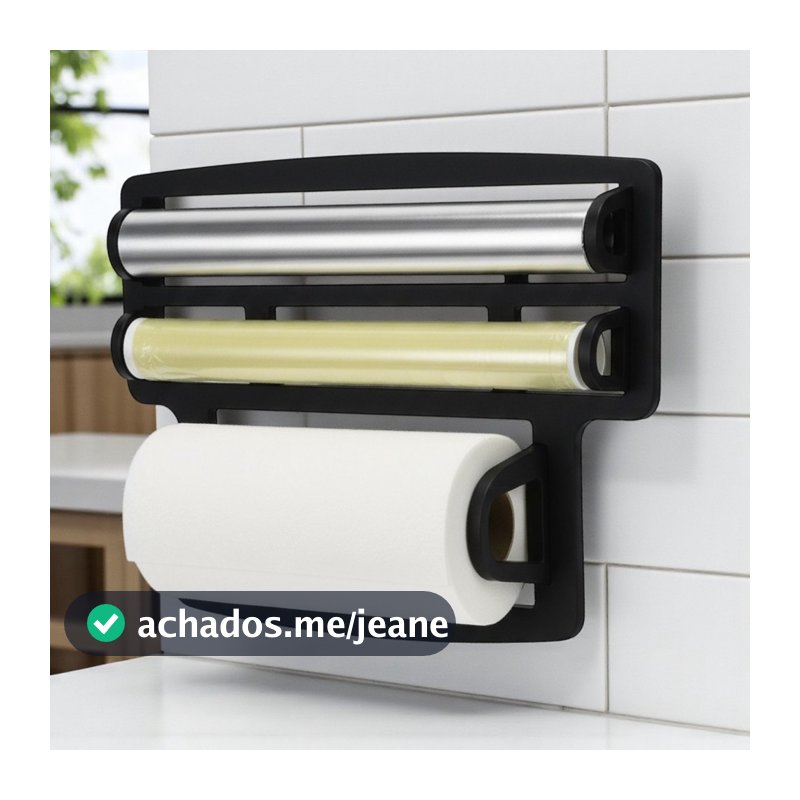 Porta Papel Toalha Triplo de Parede 3 em 1 Organizador Rolos Cozinha Filme PVC Aluminio Cortador