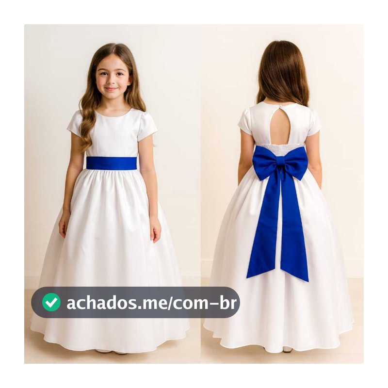 VESTIDO DE FESTA INFANTIL E JUVENIL BRANCO MINIMALISTA COM LAÇO E FAIXA AZUL ROYAL DAMINHA FLORISTA FORMATURA