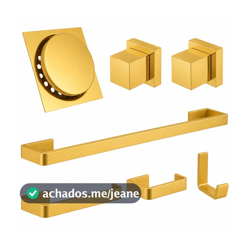 Kit Acessórios Banheiro Dourado Gold Completo Porta Toalha Ralo e 2 Acabamentos Registro Deca