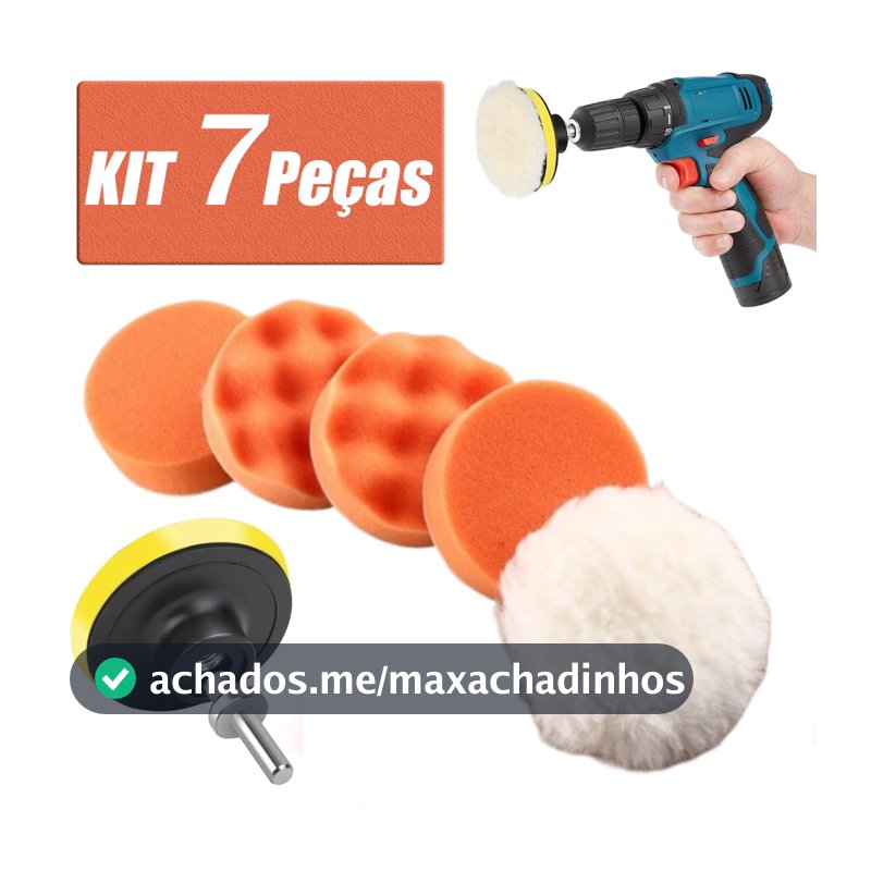 Kit Boina Automotiva Polimento 3 Pol 7 Peças Espuma e Lã Com Suporte Para Furadeira e Parafusadeira