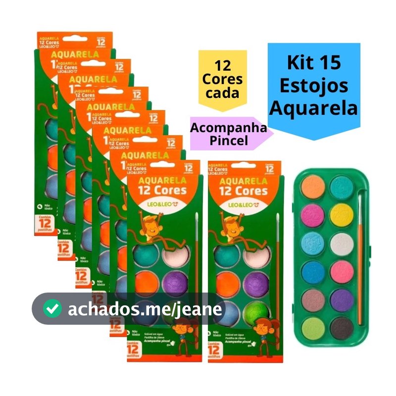 Kit 15 Estojo Aquarela Para Personalizar 12 Cores Tinta e Pincel Para Festa Infantil Lembrancinha Escolar Leo&Leo