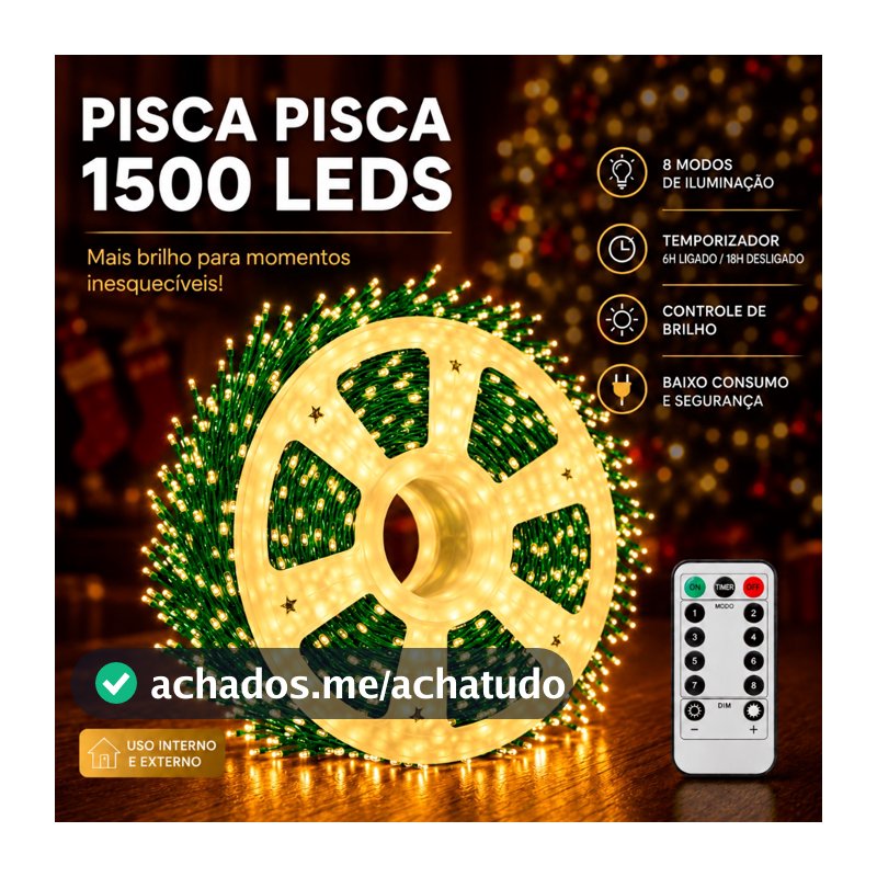 Pisca Pisca Cordão LED 50M 1500 LEDs Luz Branco Quente Festão Controle Remoto Natal Decoração