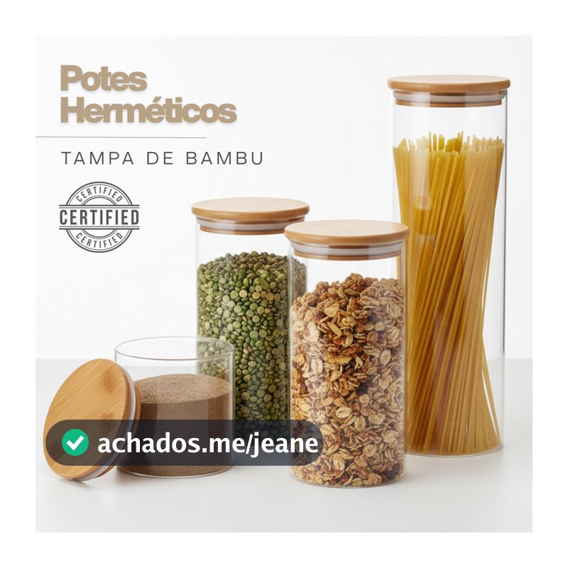 Porta Mantimento De Vidro Herméticos Kit Com 4 Potes Tampa De Bambu