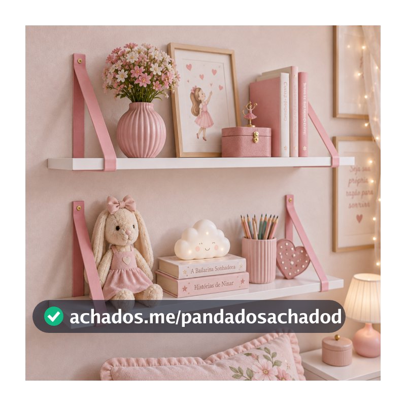 Kit 2 Prateleiras MDF Branco Premium 60x20 alças em couro rosa Decoração Quarto Infantil Organizador