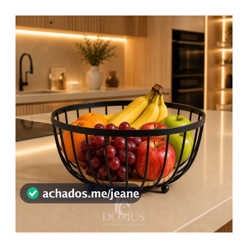 Fruteira de Mesa  de Ferro e Bambu para Café da Manhã de Metal Preto Multiuso Cozinha Gourmet