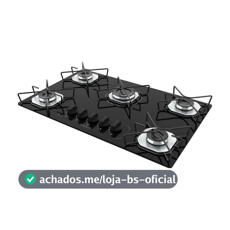 Cooktop Fogatti à Gás FGT 5 Bocas Vidro Preto Flange Inox Bivolt - Acendimento Automático