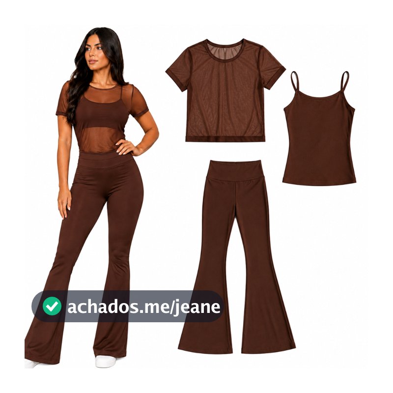 Kit Feminino 3 Peças Calça Bailarina Suplex + Blusa Tule Manga Curta + Regata Alça Fina
