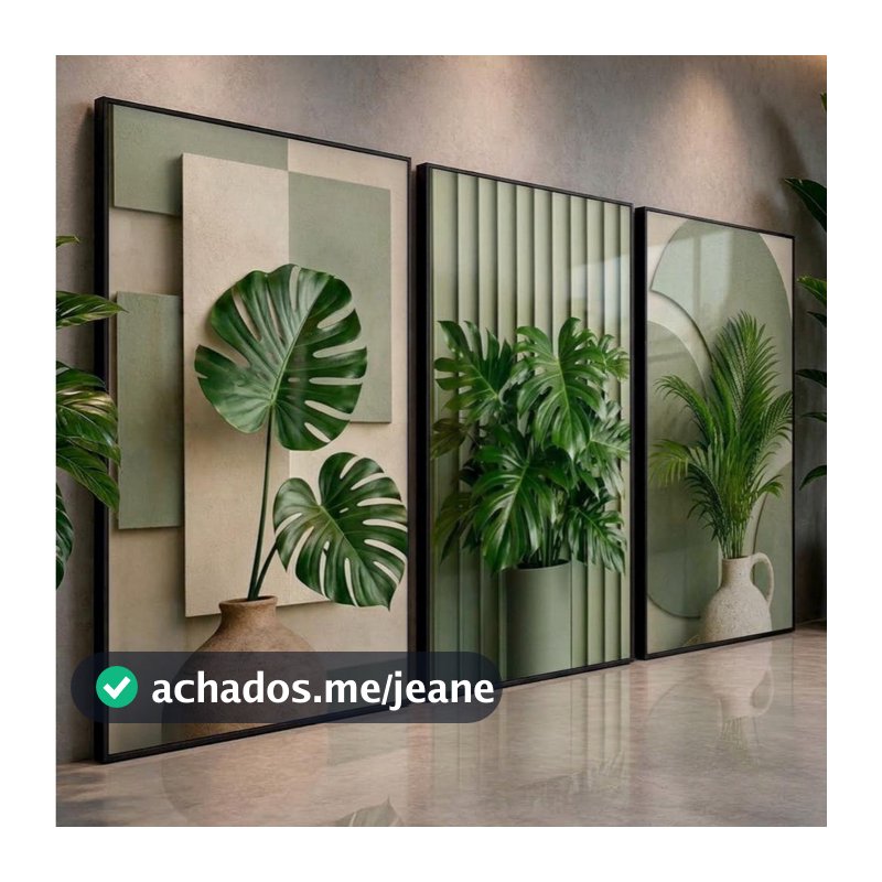 Quadro Decorativo Folhagens Botânicas Verde Elegante Kit 3 Peças Decoração Moderna