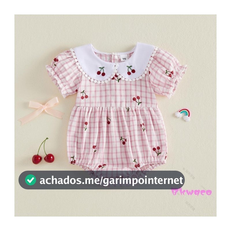 Bkw-Macacão Para Bebês Meninas Manga Curta Gola Boneca Xadrez Estampa Cereja Body Infantil Roupas De Verão