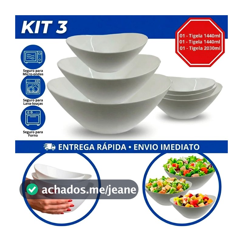 Kit Jogo de tigelas 3 peças Travessas Oval em Vidro Temperado opaline kit tigela Branca