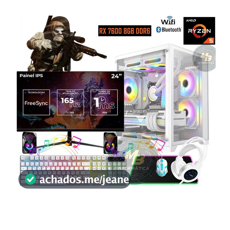 CPU Gamer Ryzen 5 Completo + P. Vídeo RX 7600 8GB + 32GB RAM + Monitor IPS 24" 165Hz c/ garantia NF.