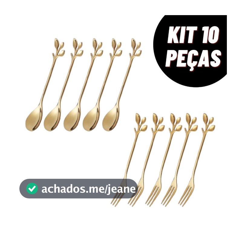 Kit 5 Peças Colher de Café e 5 Peças Garfos de Frutas Padrões de Folhas Aço Inoxidável 12cm