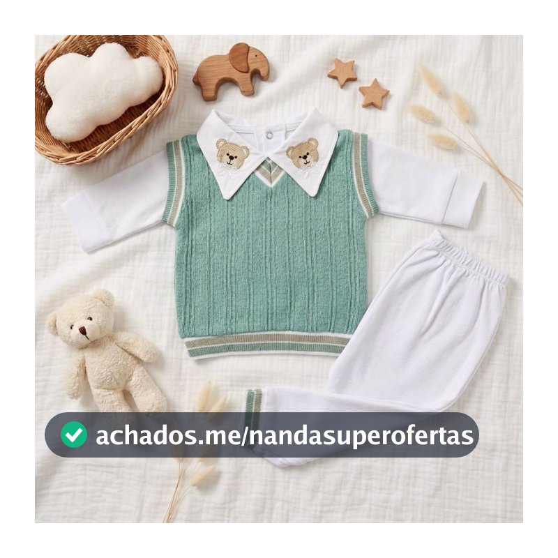 Conjunto Pagão Suéter Gola Bordada Bebê | Suéter + Body + Calça | Masculino | Tamanho Único RN