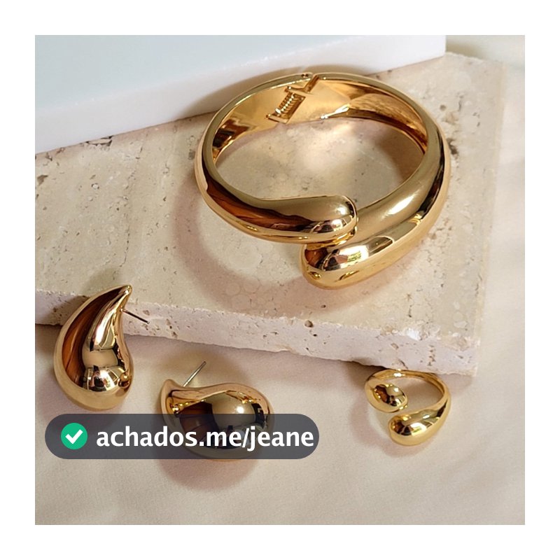 Conjunto Gota Pingo Bracelete Anel Brinco Médio Dourado ou Prata Acessórios Femininos Brincos