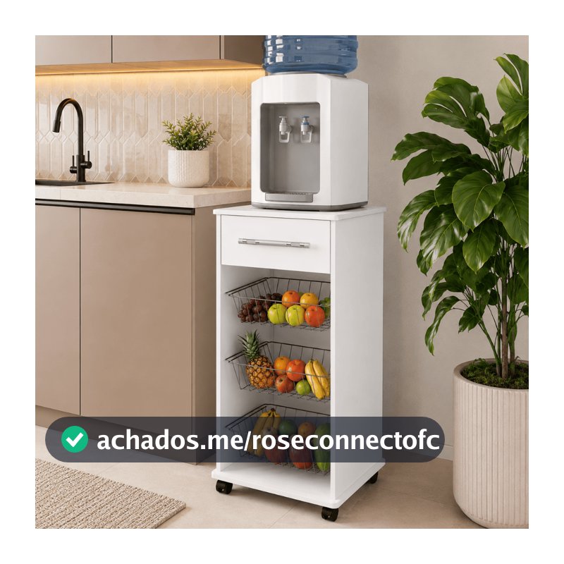 Armário Fruteira com Gaveta e Rodinhas – Suporte para Bebedouro e Frutas