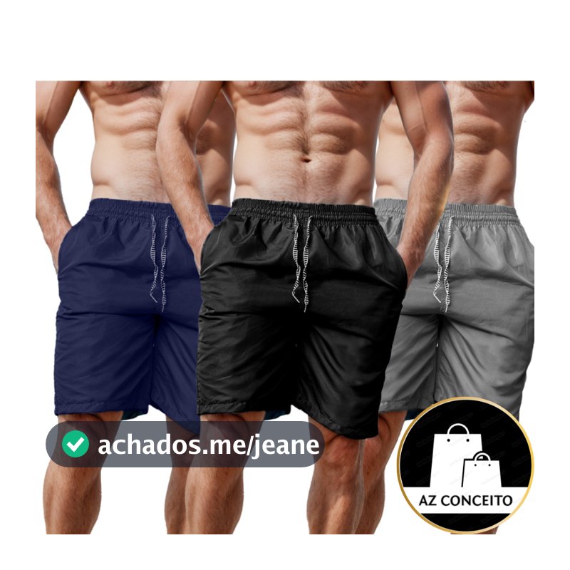 Kit 3 Bermudas Masculinas Reforçadas Tactel Caminhada Academia Piscina Praia Com Bolsos