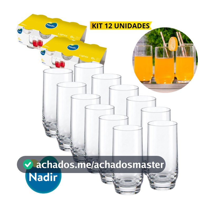 Jogo 12 Copos de Vidro Lights Suco Água Cerveja 300ml Nadir