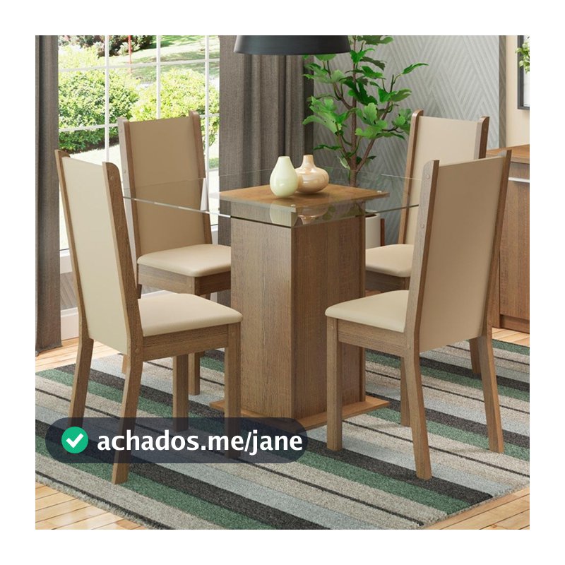 Conjunto Sala de Jantar Madesa Aline Mesa Tampo de Vidro 4 Cadeiras