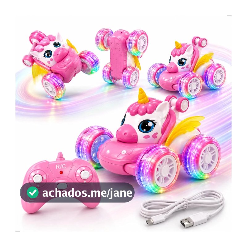 Carrinho de Controle Remoto Unicórnio Recarregável Luzes Coloridas Brinquedo Menina Carro Elétrico Infantil