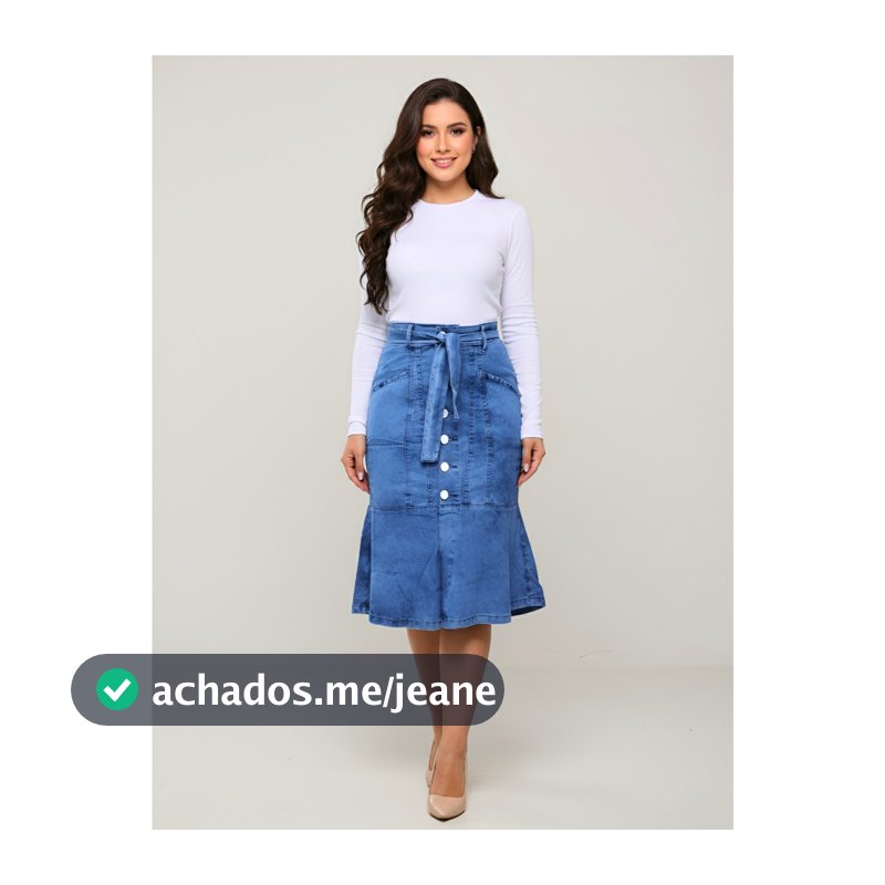 Saia Jeans Mide com Cinto e Botões Frontais Brancos Elegantes Moda Evangélica Ref.235