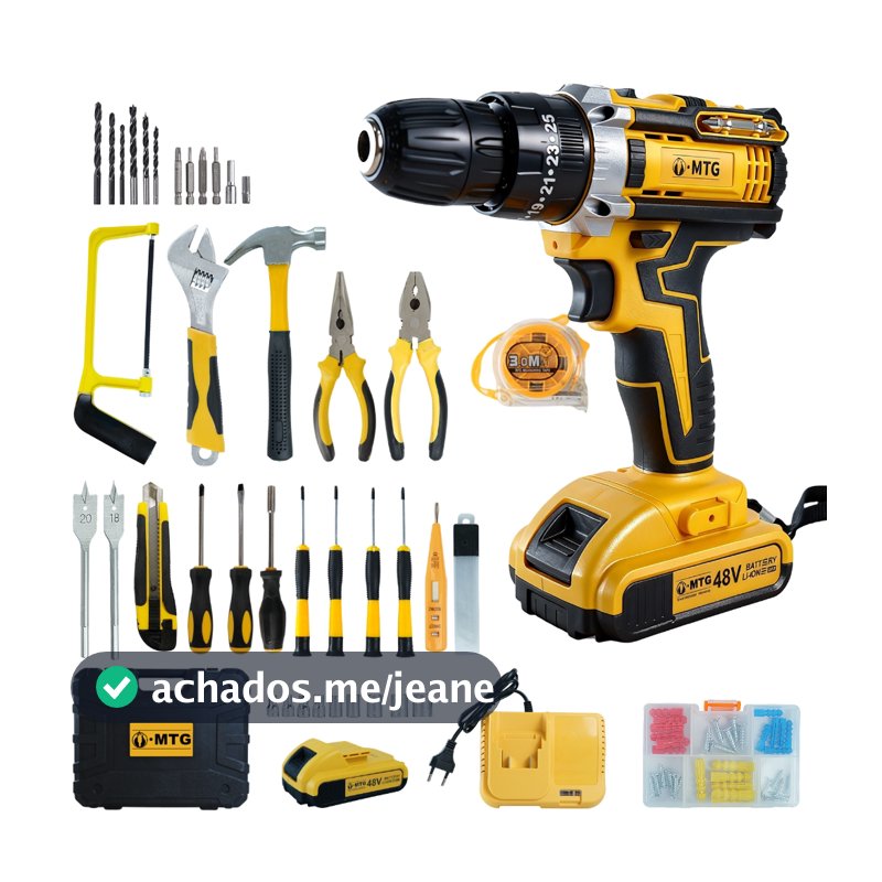 Parafusadeira Furadeira 48V Profissional Maleta 2 Baterias 128 Acessórios LED com Indicador de Carga