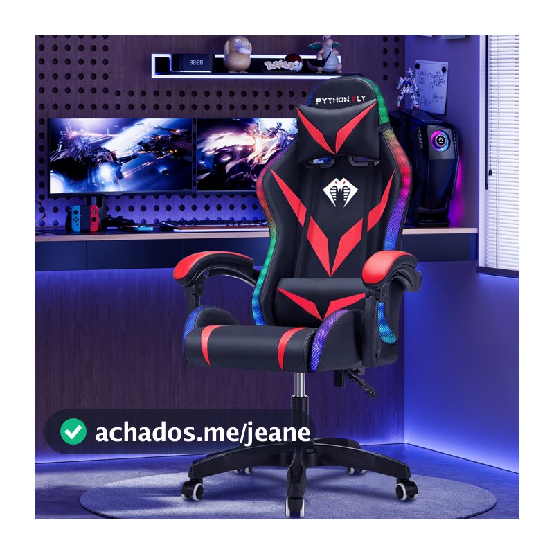 Cadeira Gamer Reclinável RGB LED com Controle Remoto Altura Ajustável Couro PU 150kg com Rodinhas