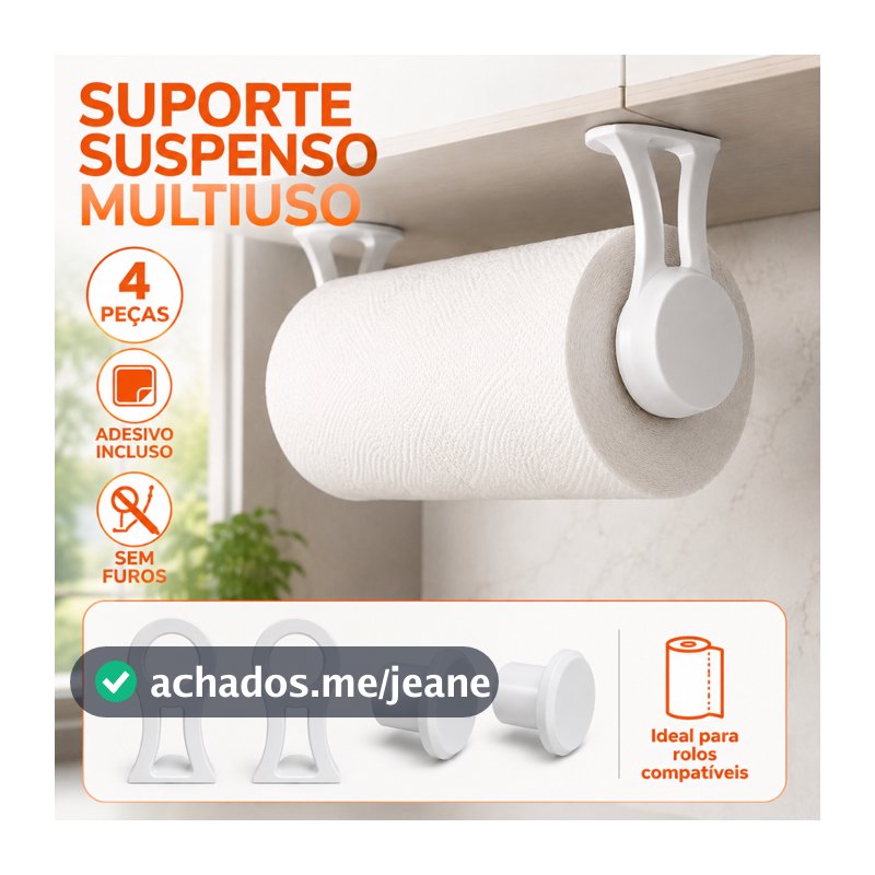 Suporte Suspenso para Rolo de Papel Toalha sem Furos com Adesivo – Ajustável e Multiuso
