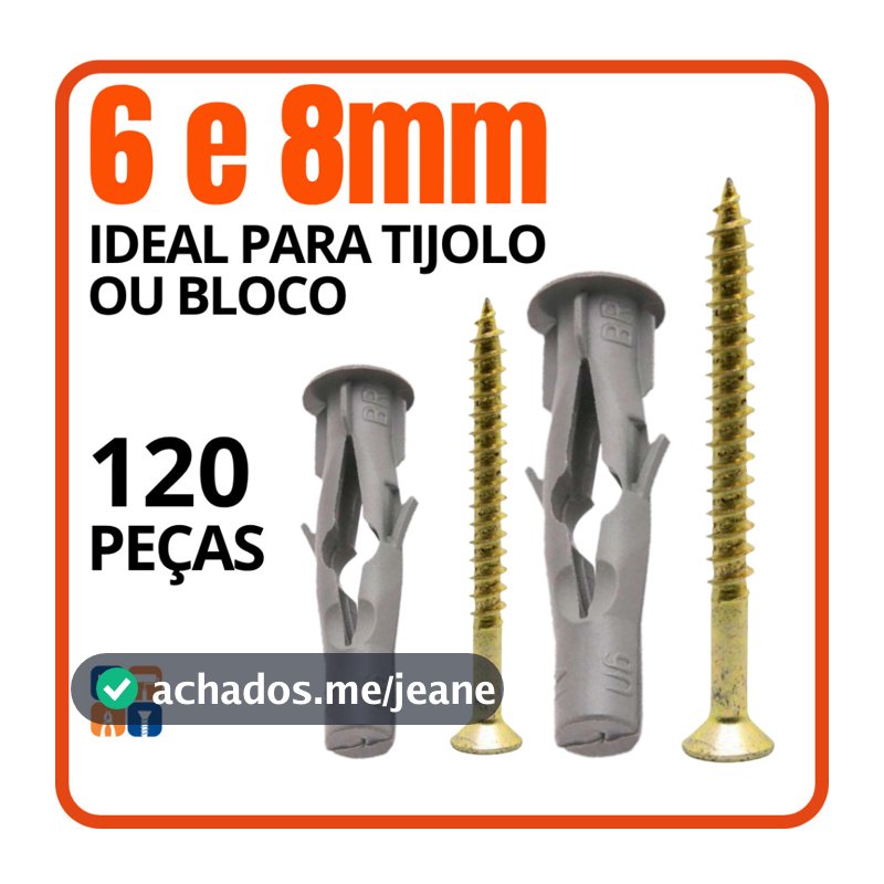 Bucha  para Tijolo Oco Baiano 120 Peças Buchas 6-8 Bloco Vazado Parafuso Combo Bucha Bloco Furado