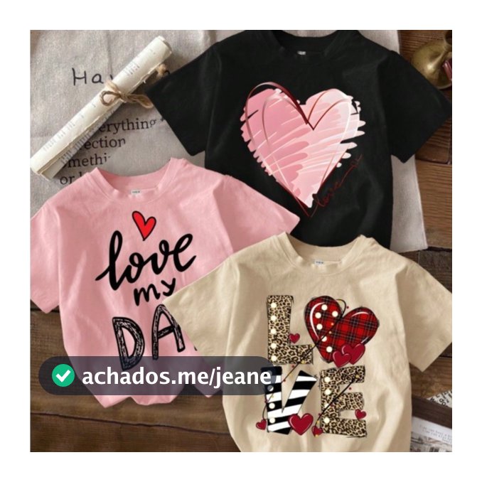 Kit 3 Camiseta Infantil Feminina Básica 100% Algodão Estampada Modinha Tshirt Casual Love Basiquinha