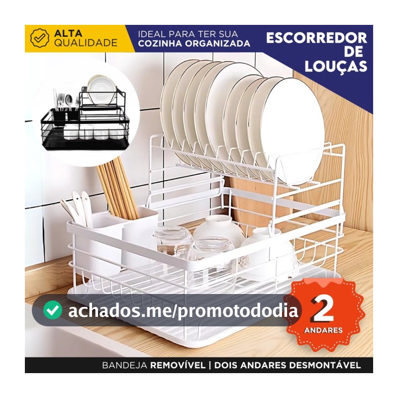 Escorredor de Louças Aço Inox 2 Andares com Bandeja Removível Ideal para Pratos Copos e Talheres -MN