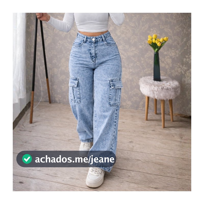 Calça Wide Leg Jeans CARGO Feminina Cintura Alta Sem Lycra